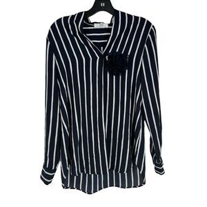 VLT's‎ by Valentina's Womens Button Down Blue White Stripe Flower Italy Sz Large